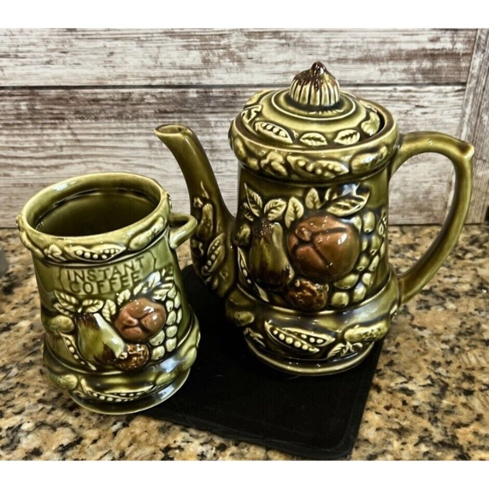 Vintage 1960s Tilso Japan Coffee Pot Instant Coffee Holder Veggie Design